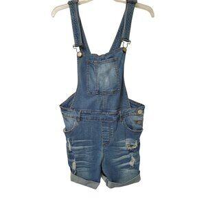 Denim Overall Shorts Distressed Ripped Chocolate USA L Adjustable Straps Pockets